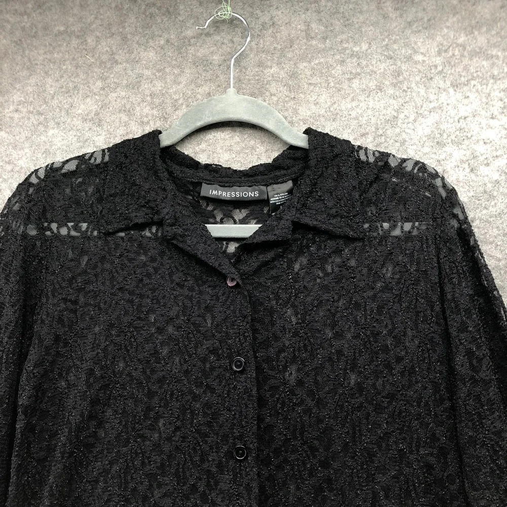 Vintage Y2K Black Sheer Floral Lace Button Down Shirt Womens L Whimsigoth